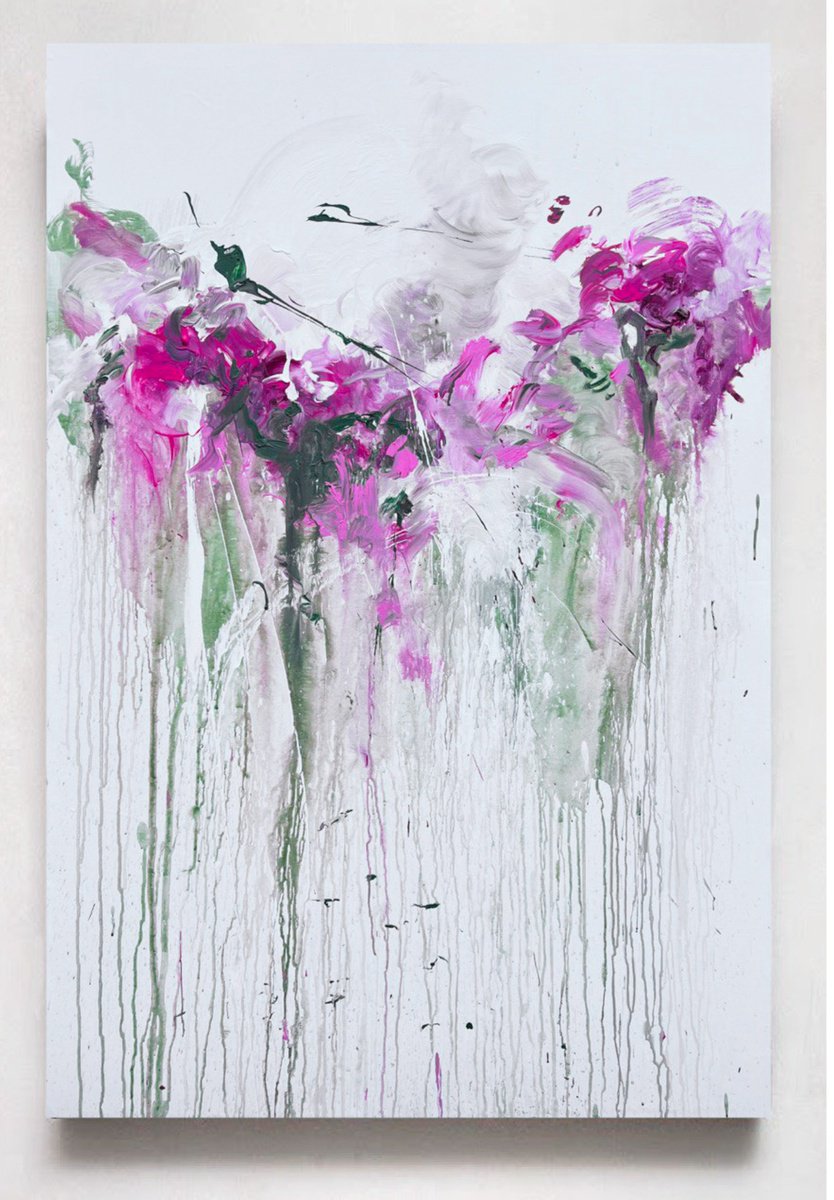 Impressionistic Botanical Acrylic Painting By Rosi Roys, 39 X 59", Pink Flower 4, Original Artwork