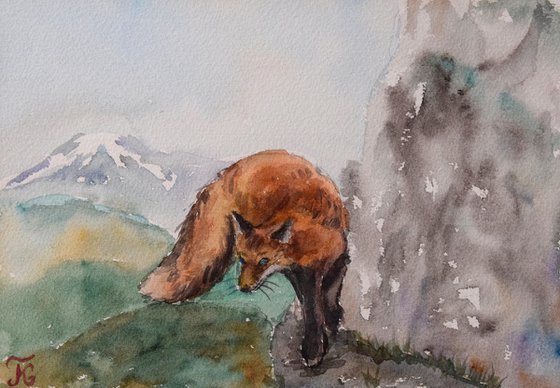 Fox original watercolor painting, fox painting, mountain landscape, animalistic wall art