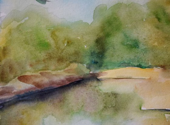 Spring sunny forest lake watercolor painting