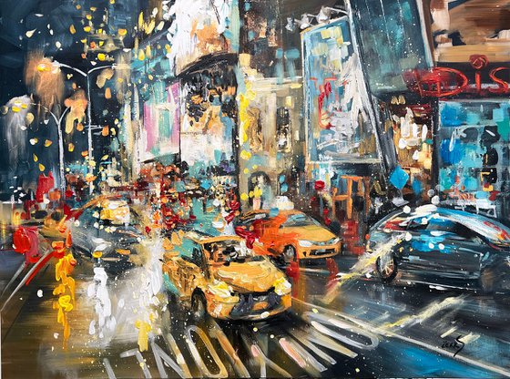 Colorful Night Street - Cityscape Night Lights Painting, Painting of urban streets in rainy days, Modern Urban Living Room Wall Decor, Cityscape art