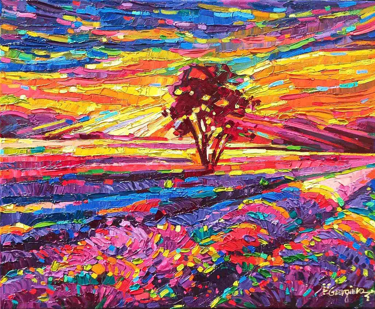 Expressive Landscape Oil Painting By Vanya Georgieva, 24 X 20", Lavender Sings 4, Original Artwork