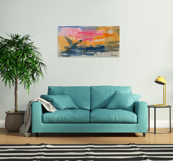 Bright horizontal painting - "Seagull in flight" - Pop Art - Bird - California - Miami - Sea - Ocean - Sunset