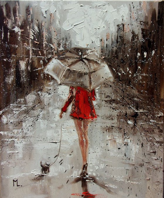 " LITTLE FRIEND IN BIG CITY I "  RAIN street AUTUMN winter original painting CITY palette knife GIFT