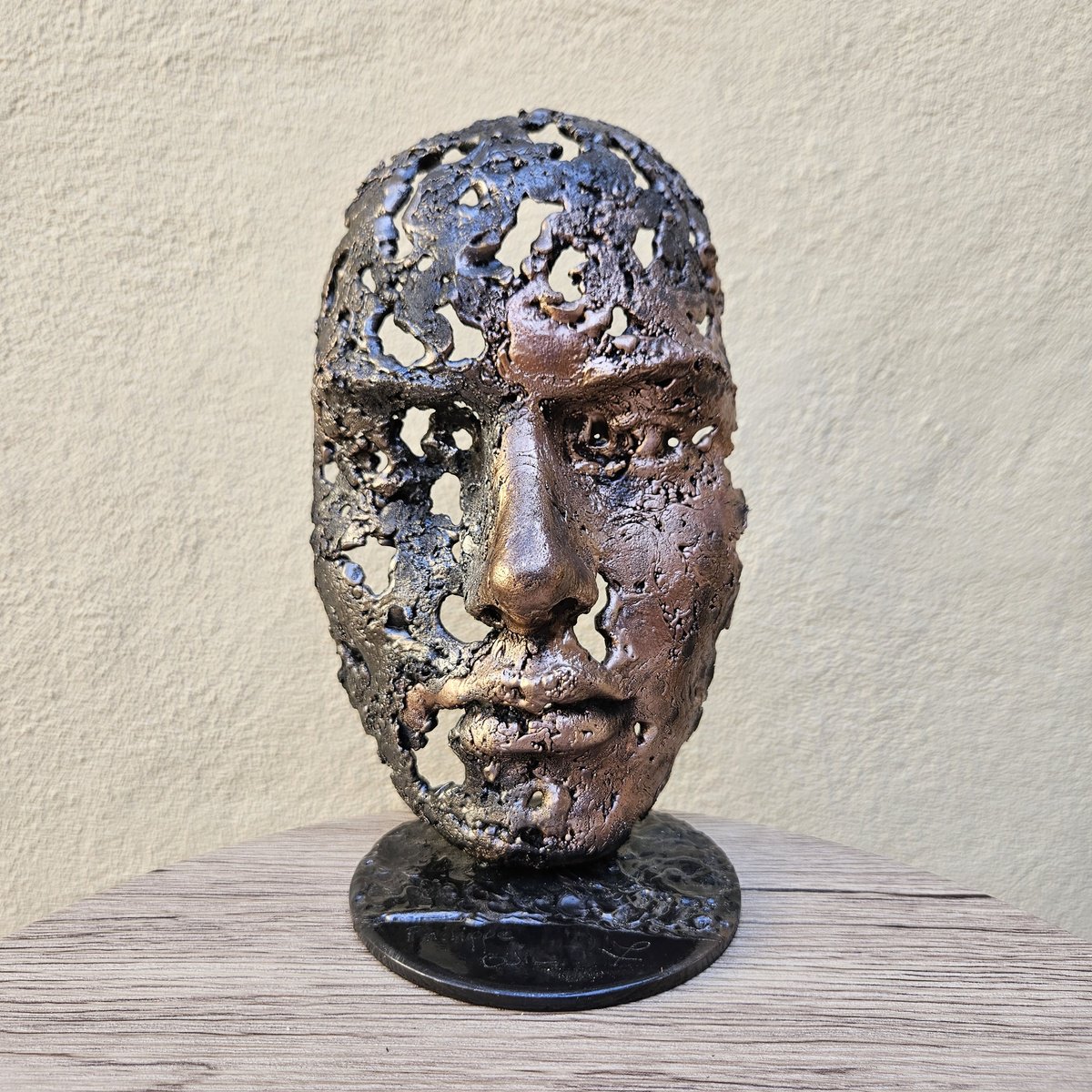 Expressive Portrait Sculpture By Philippe Buil, 5 X 8", A Tear 58-23 - Face Sculpture Metal Lace Steel And Bronze, Artfinder