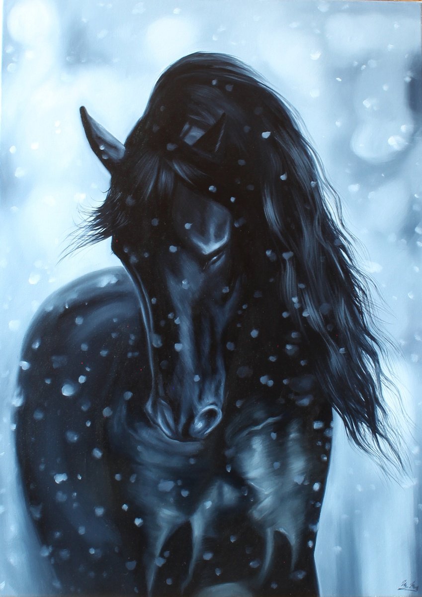 Photorealistic Animal Oil Painting By Marie Madej, 20 X 28", Friesian, Original Artwork