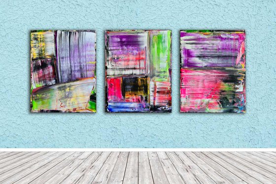 "Painting The Town" - Original PMS Abstract Acrylic Painting Triptych On Canvas - 72" x 30"