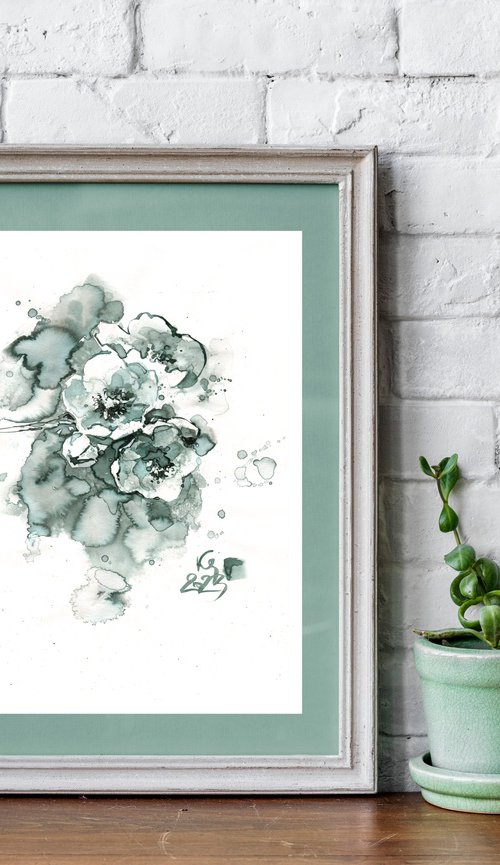 "Spring Blossom" abstract composition in ink monochrome gray-blue-green tones by Ksenia Selianko