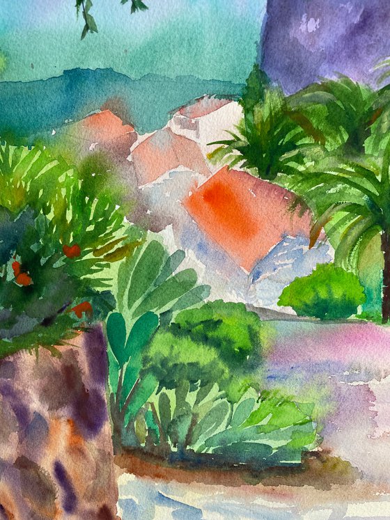 Tropical Original Watercolor Painting, Large Landscape Artwork, Canary Islands Wall Art, Mountain Picture