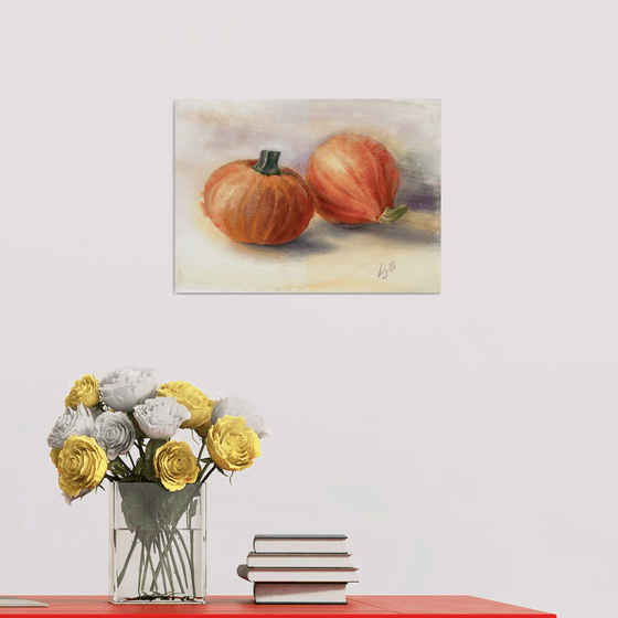 Still life with two pumpkins on a light background