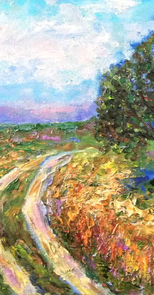 "The Country Road"  10x12 in. (24x30 cm) Tuscany Original Oil on Canvas Meadow Landscape Artwork by Katia Ricci