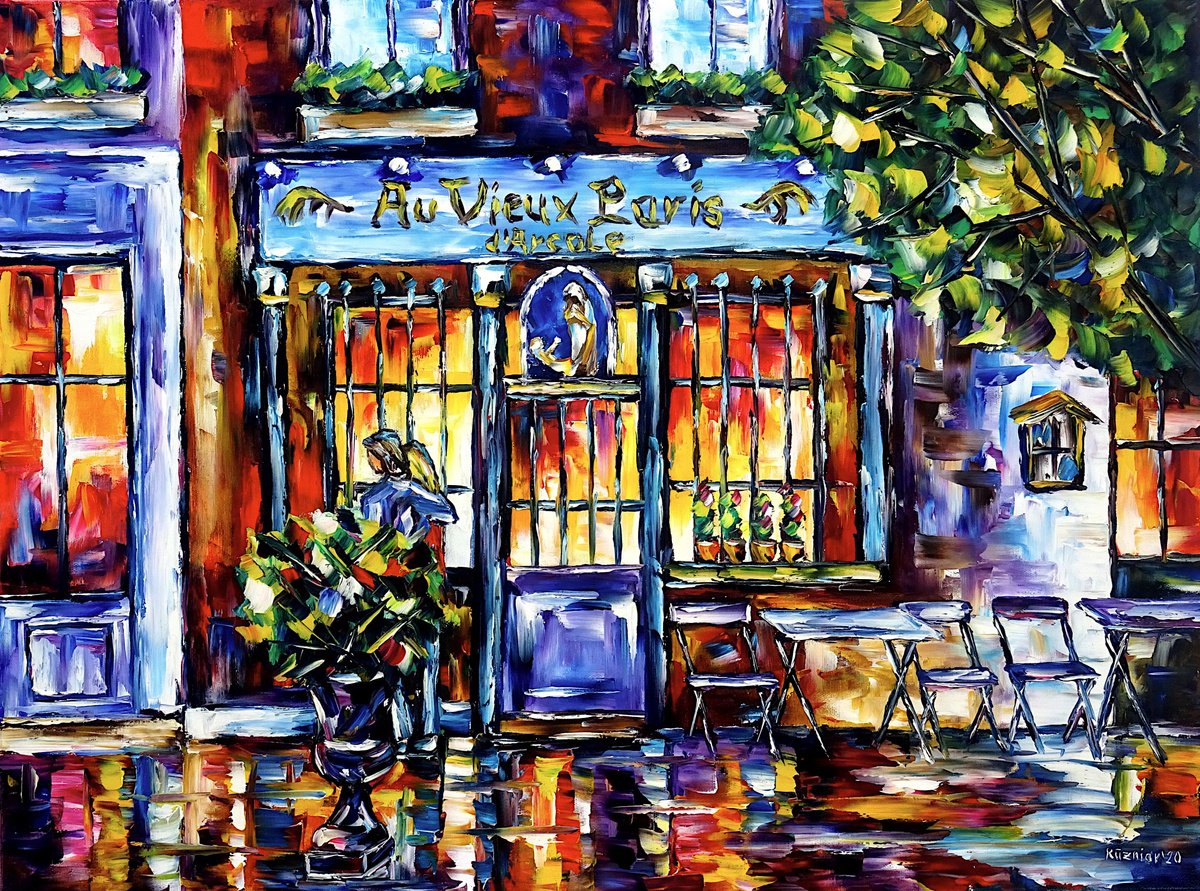 Expressive Cityscapes Oil Painting By Mirek Kuzniar, 31 X 24", Cafe Au Vieux Paris D