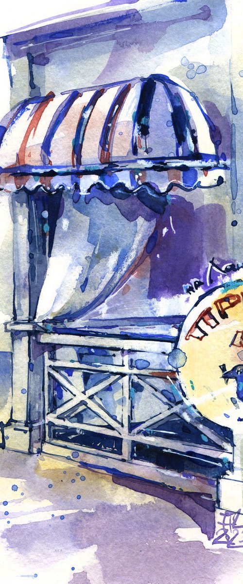 Original watercolor architectural sketch "Beach cafe. Memories from a trip" by Ksenia Selianko