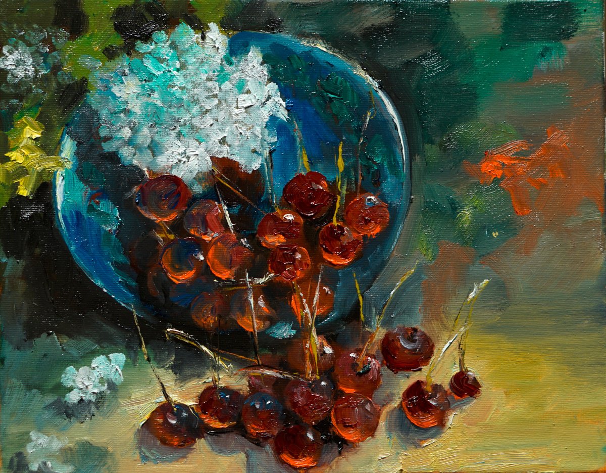 Impressionistic Still Life Oil Painting By Pavel Filin, 12 X 9", Cherry, Original Artwork