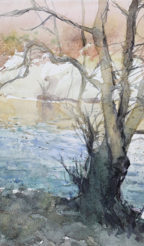 Riverscape  with a big tree by Goran Žigolić Watercolors