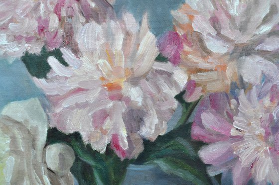Marshmallow peonies in a vase original oil painting