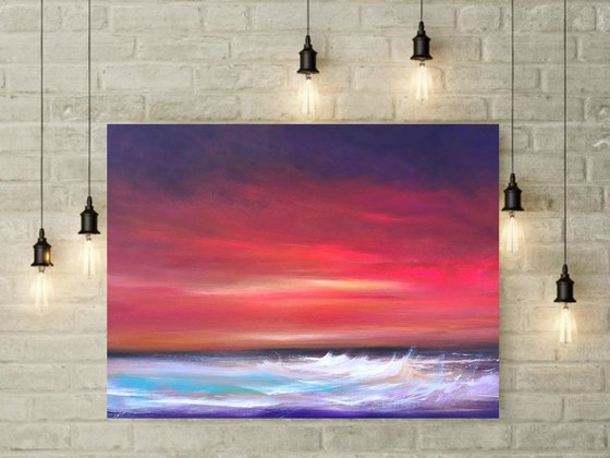 Day's End - Sunset, Seascape, Red, Skies - XL, Modern Art Office Decor Home