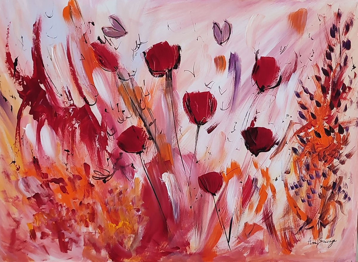 Papillons roses et coquelicots by AME SAUVAGE