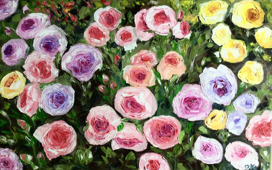 WHITE PINK YELLOW PURPLE  ROSES IN A GARDEN palette knife modern still life  flowers office home decor gift