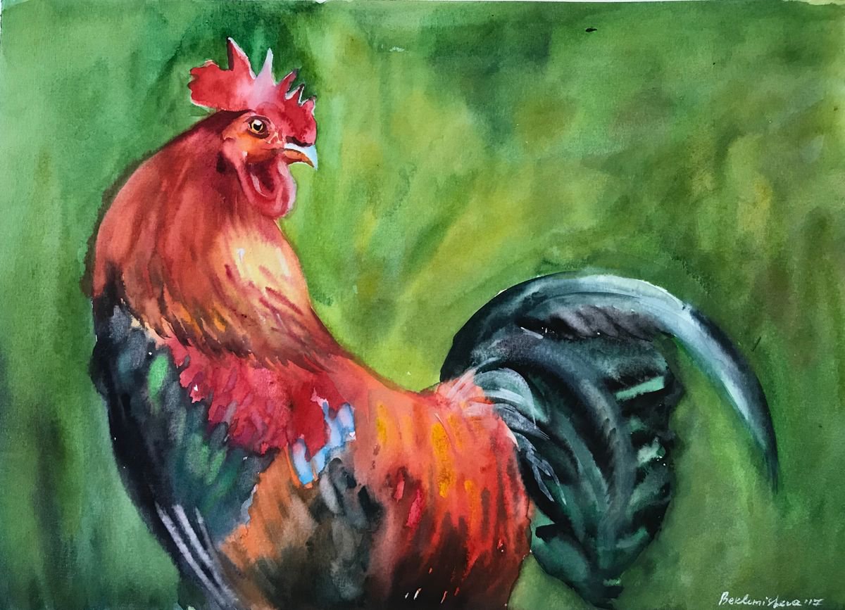 Watercolour rooster by Maria Beklemisheva