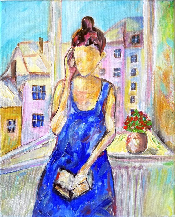 Faceless Woman Reading a Book Near the Window - Original Oil on Canvas 10 by 8" (25x20 cm)