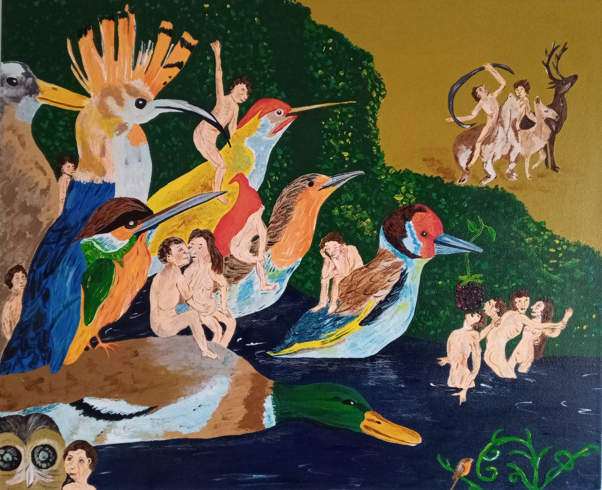 Naive Animal Acrylic Painting By Corinne Hamer, 22 X 18, Bosch Birds, Original Artwork