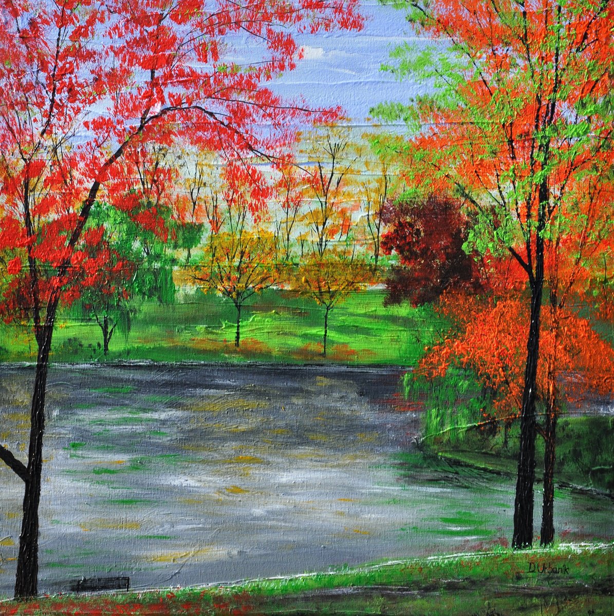 Impressionistic Landscape Acrylic Painting By Daniel Urbani?k, 24 X 24, Constitutiongardens Washington, Original Artwork