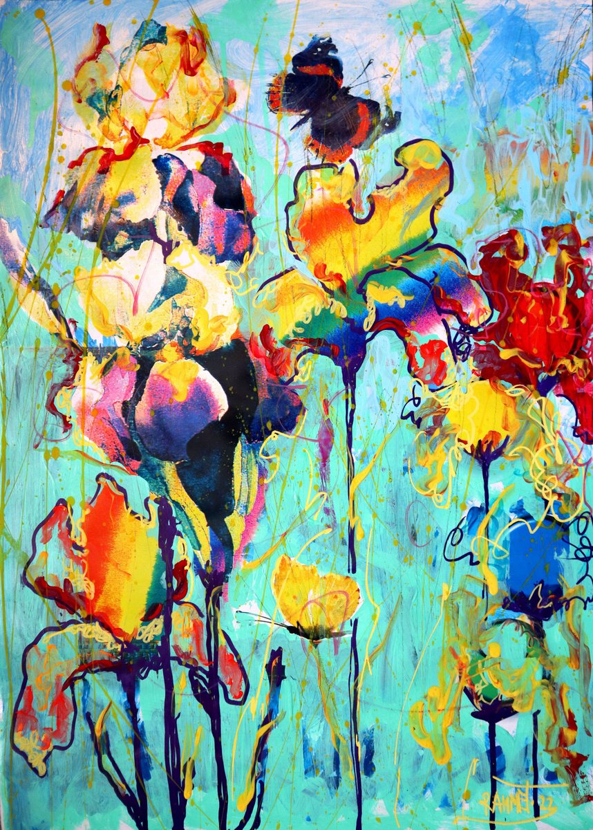 Impressionistic Botanical Acrylic Painting By Rakhmet Redzhepov, 17 X 23", Fantasy With Flowers 150, Original Artwork