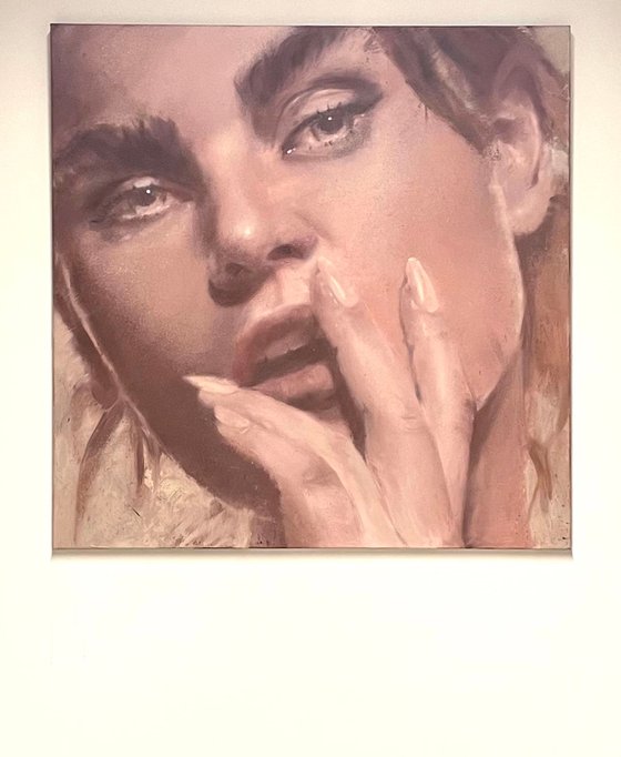 Sexy seductive female portrait blonde woman hands staring lips portraiture oil on canvas painting