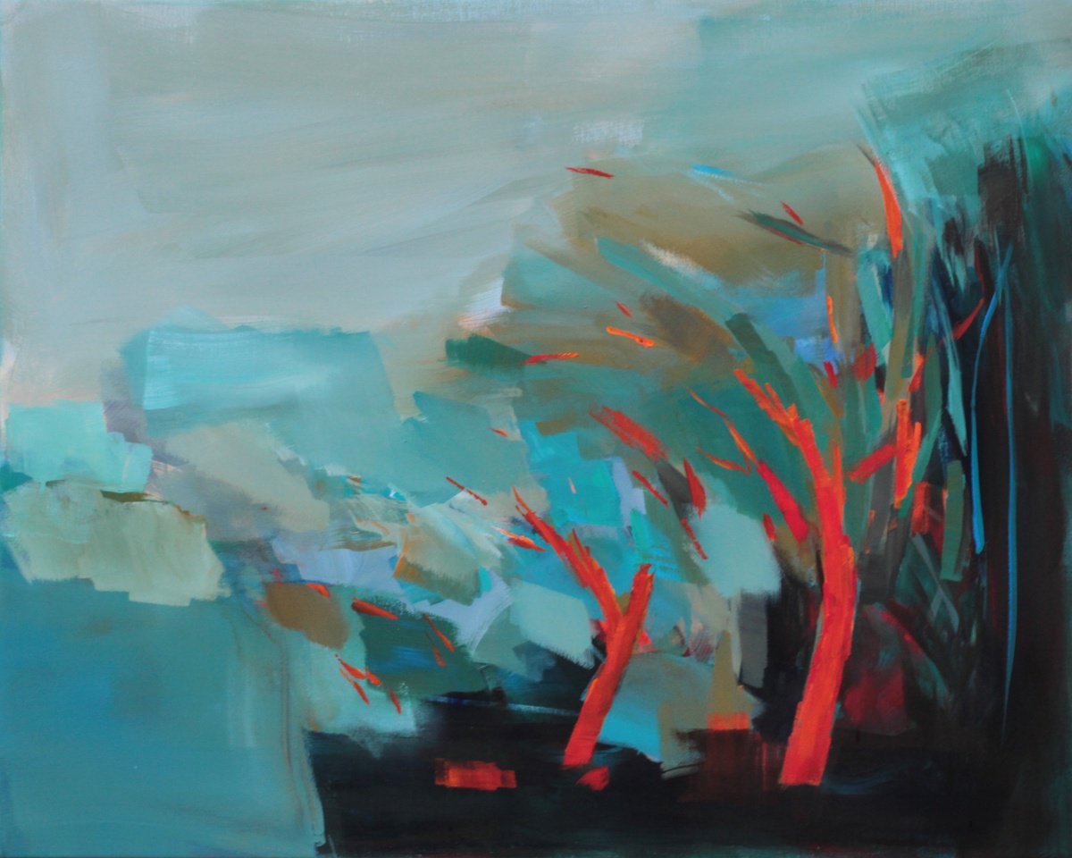 Abstract Landscape Acrylic Painting By Ute Laum, 39 X 31", Bending To The Wind, Original Artwork