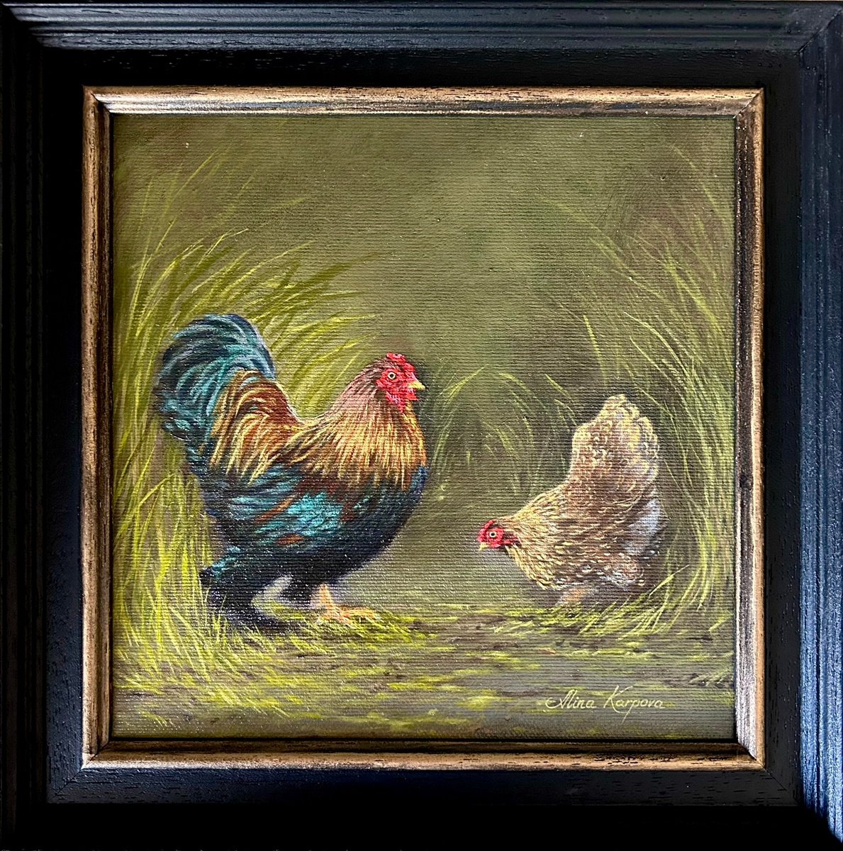 Photorealistic Animal Oil Painting By Alina Karpova, 10 X 10, Rooster And Hen, Original Artwork
