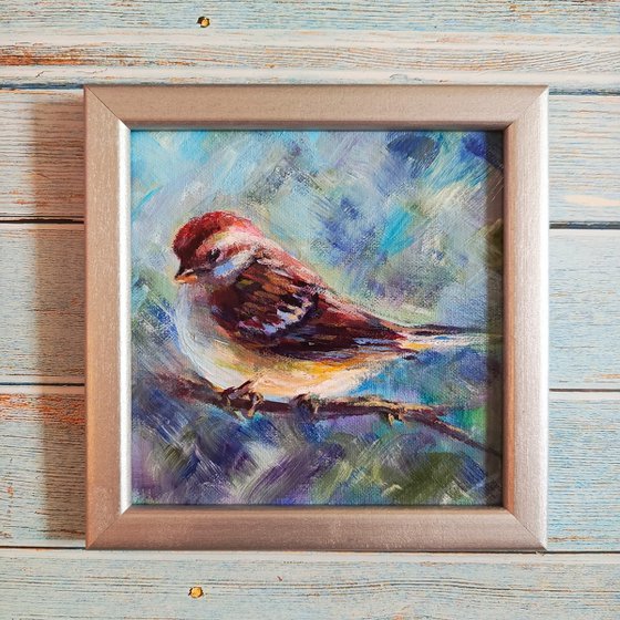 Small ready to hang painting of sparrow