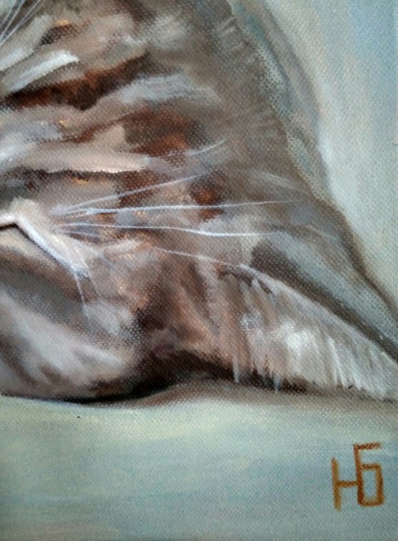 Sleeping Cat With Tawny Kitten Original Oil Painting Pet Portrait Animalism. 50x35 cm, ready to hang