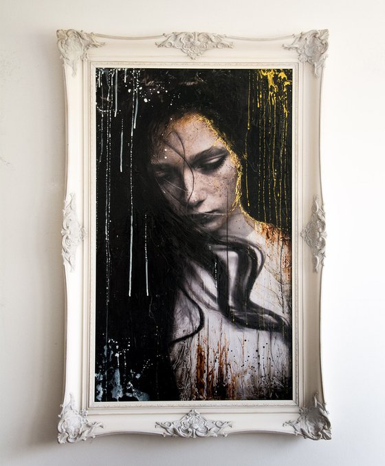 "Dreamworld XL" (120x80x7 cm) - Unique portrait artwork on wood (abstract, portrait, gold, original, resin, beeswax, painting)