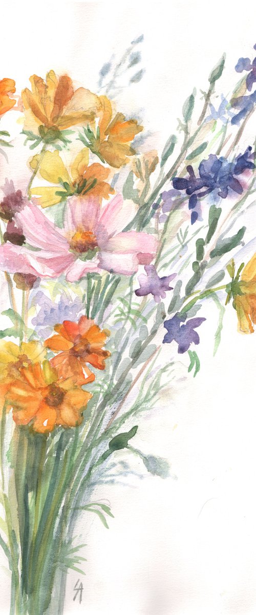 Cosmea surrounded by wildflowers by Elena Lykhodid