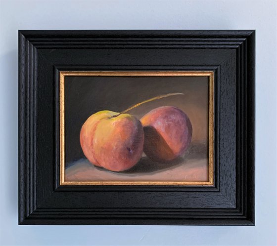 Peaches oil painting classic still life  framed ready to hang.