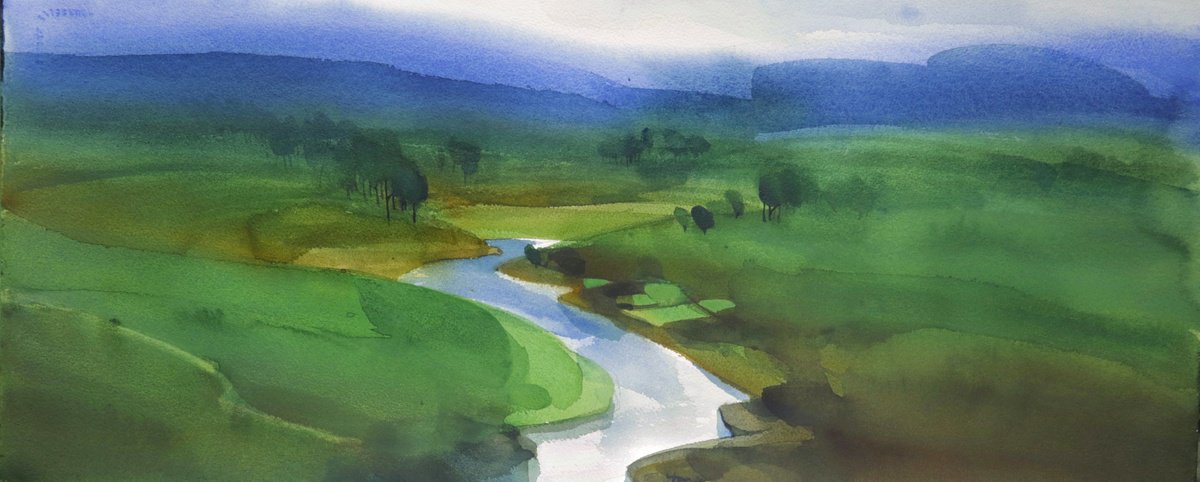 Impressionistic Landscape Watercolour By Prashant Prabhu, 30 X 13", Composing River & Green Valley, Original Artwork