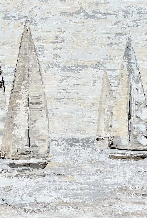 SAILING SPLENDOR. Regatta Beige Gray Seascape Coastal Painting Sailboats by Sveta Osborne