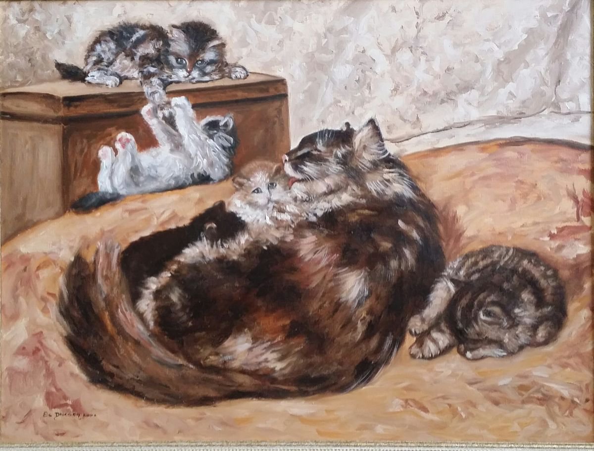 Impressionistic Animal Oil Painting By Els Driesen, 35 X 28, Mother Cat With Kittens 2, Original Artwork