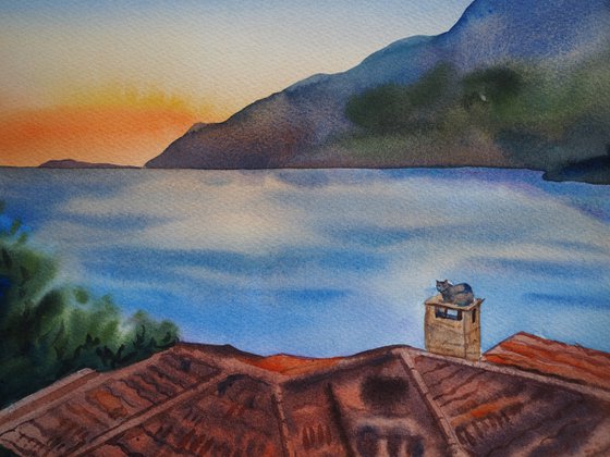 Mediterranean mood - original watercolor cityscape seaview