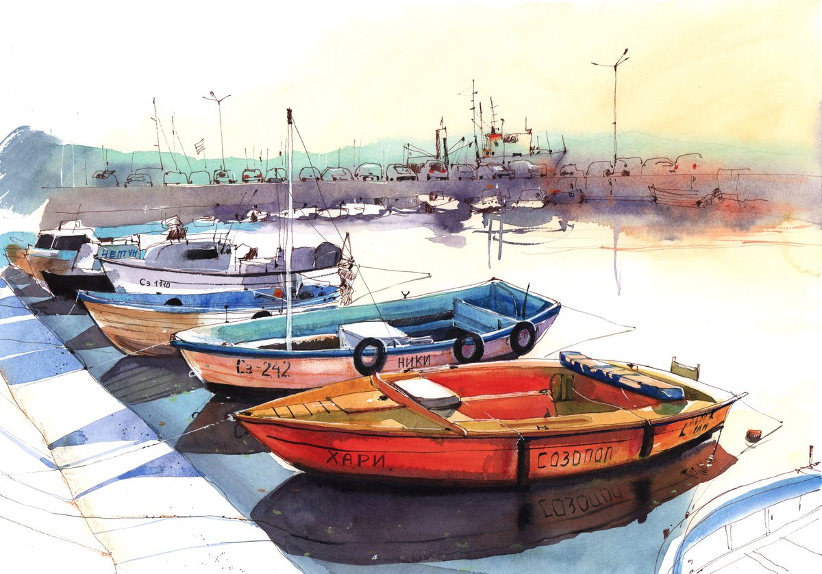 Impressionistic Landscape Watercolour By Anastasia Mamoshina, 16 X 12, Morning Light In Sozopol, Original Artwork