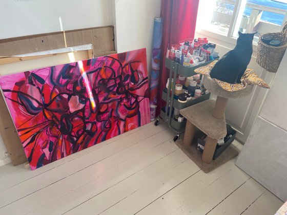 FULL ON- a large scale xxl dynamic red pink expressive abstract painting