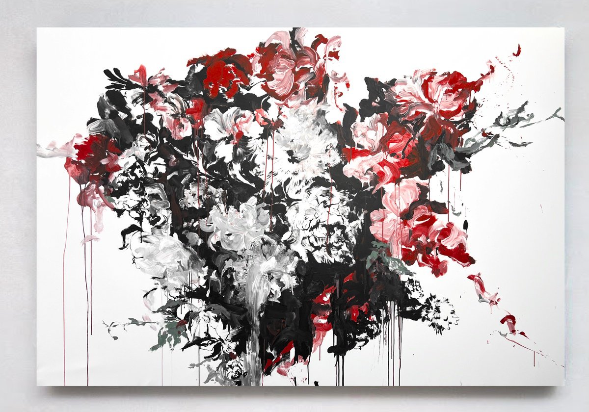 Abstract Botanical Acrylic Painting By Rosi Roys, 79 X 55", Black And Red Flower, Original Artwork