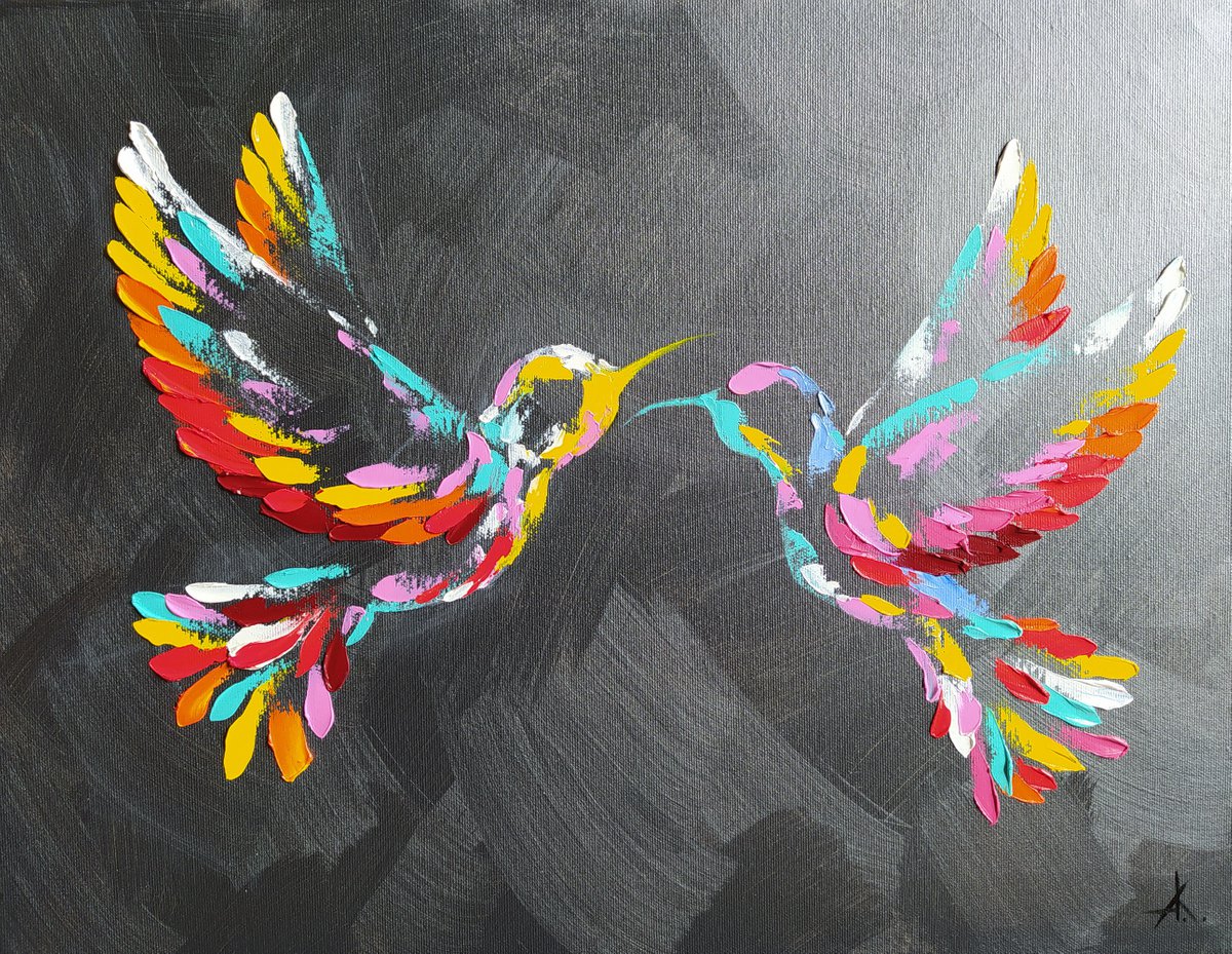 Unspoken feelings - birds, love, hummingbirds, birds in flight, animals oil painting, art... by Anastasia Kozorez