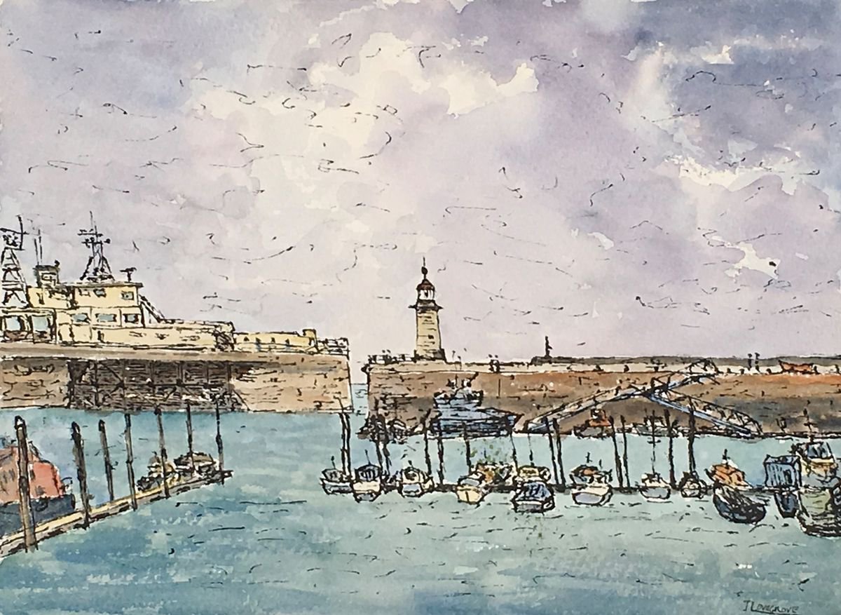 Windy Day at Ramsgate Harbour - An original Ink and Watercolour Painting! by Julian Lovegrove Art