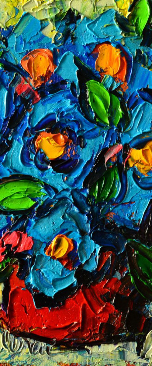 ABSTRACT BLUE POPPIES IN RED VASE by ANA MARIA EDULESCU