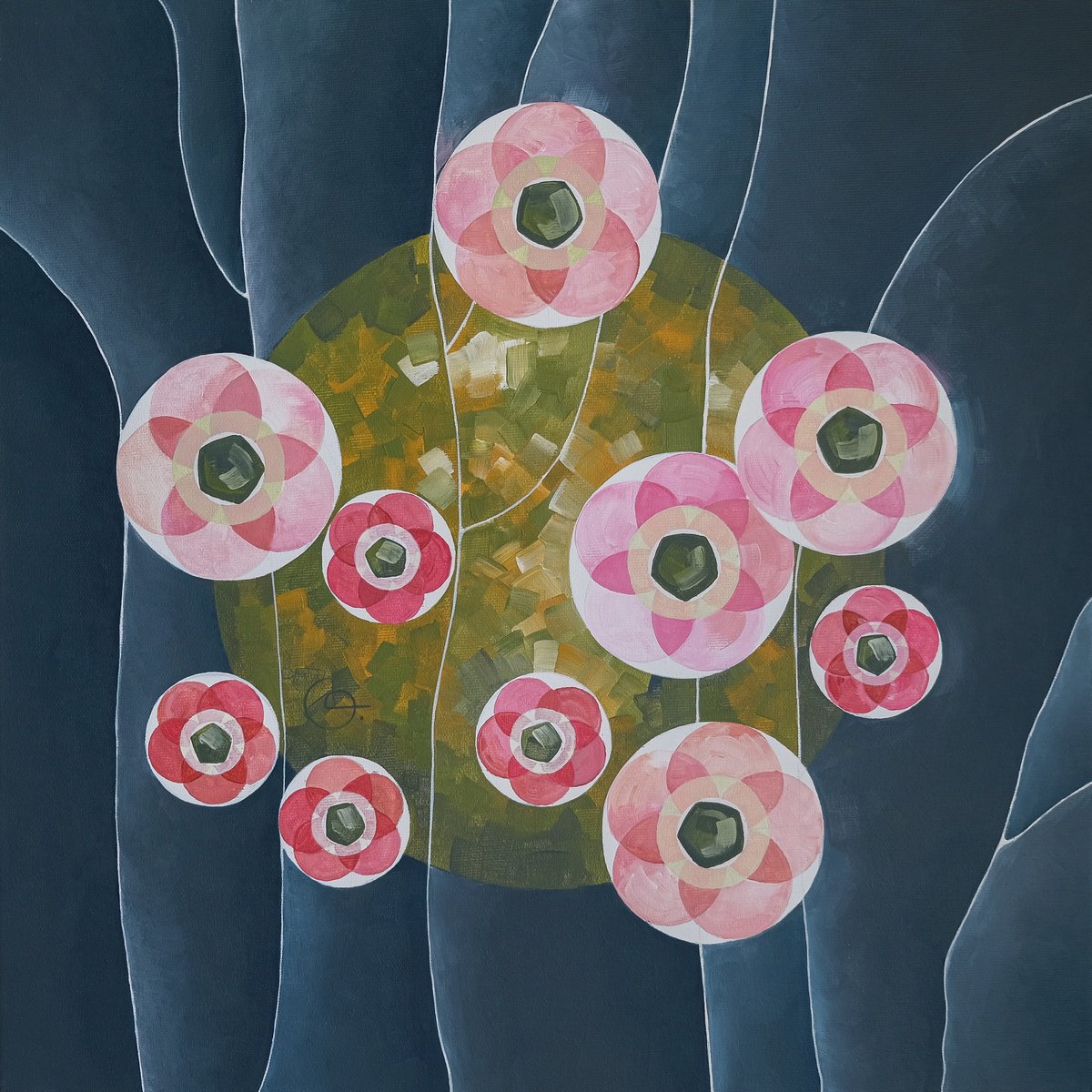 Geometric Botanical Acrylic Painting By Tetiana Gryshchenko, 20 X 20", Plant Geometry. Saxifrage. 3:5, Original Artwork