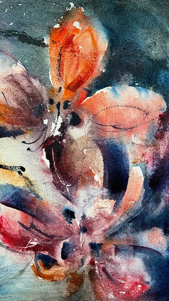 Orange and pink flowers 2 - floral watercolor on board
