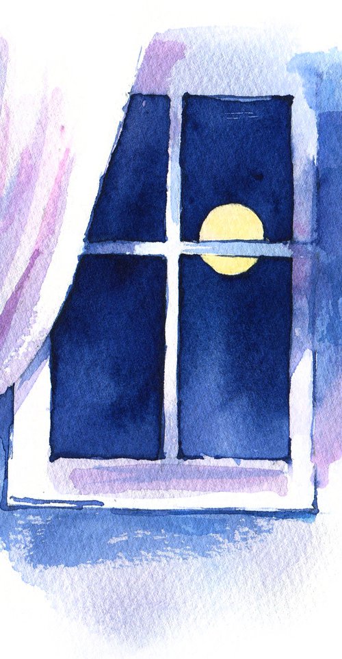 Night landscape "Full moon outside the window" original watercolor painting postcard by Ksenia Selianko