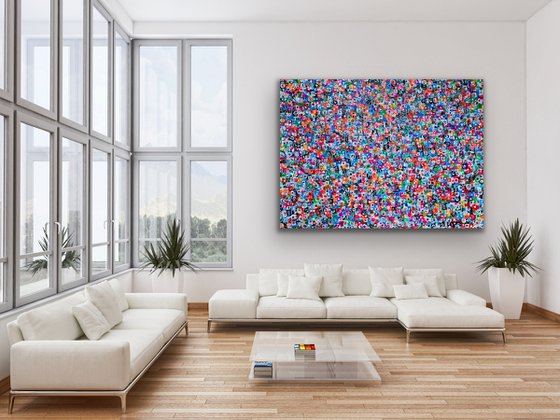 51''x 69''(130 x 175 cm), Life in Colors 38, blue, pink, cream, green black, neon huge pop art bright colors canvas art  - xxxl art - abstract art painting- extra large art