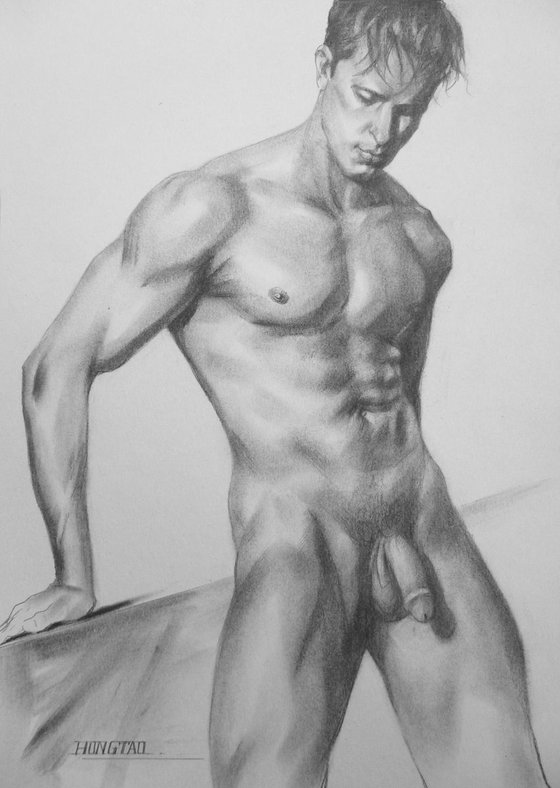 CHARCOAL DRAWING MALE NUDE MAN #16-1-15